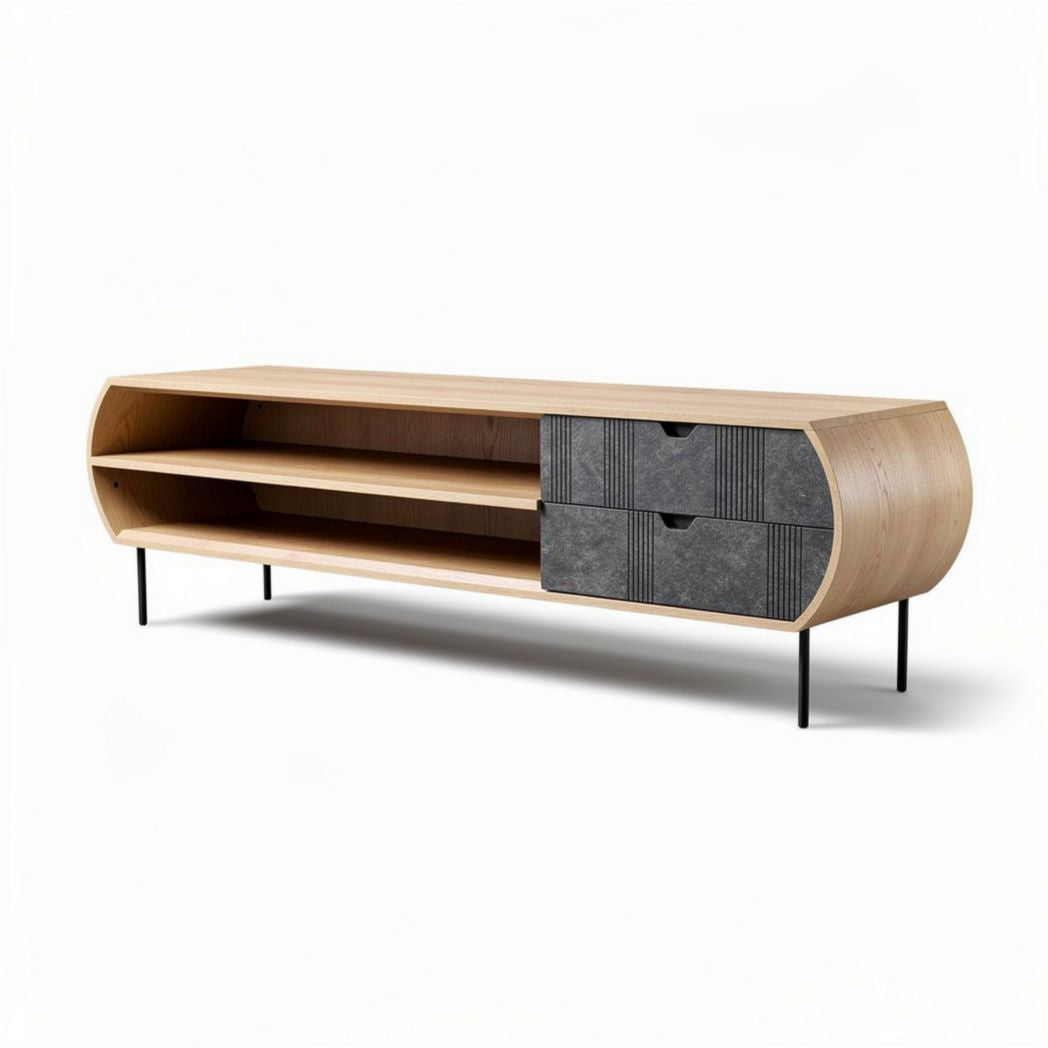 Wooden media console with two drawers and open shelving 150 x 40 x 50cm