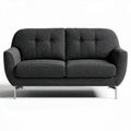 Modern two-seater sofa with gray fabric upholstery and stainless steel legs