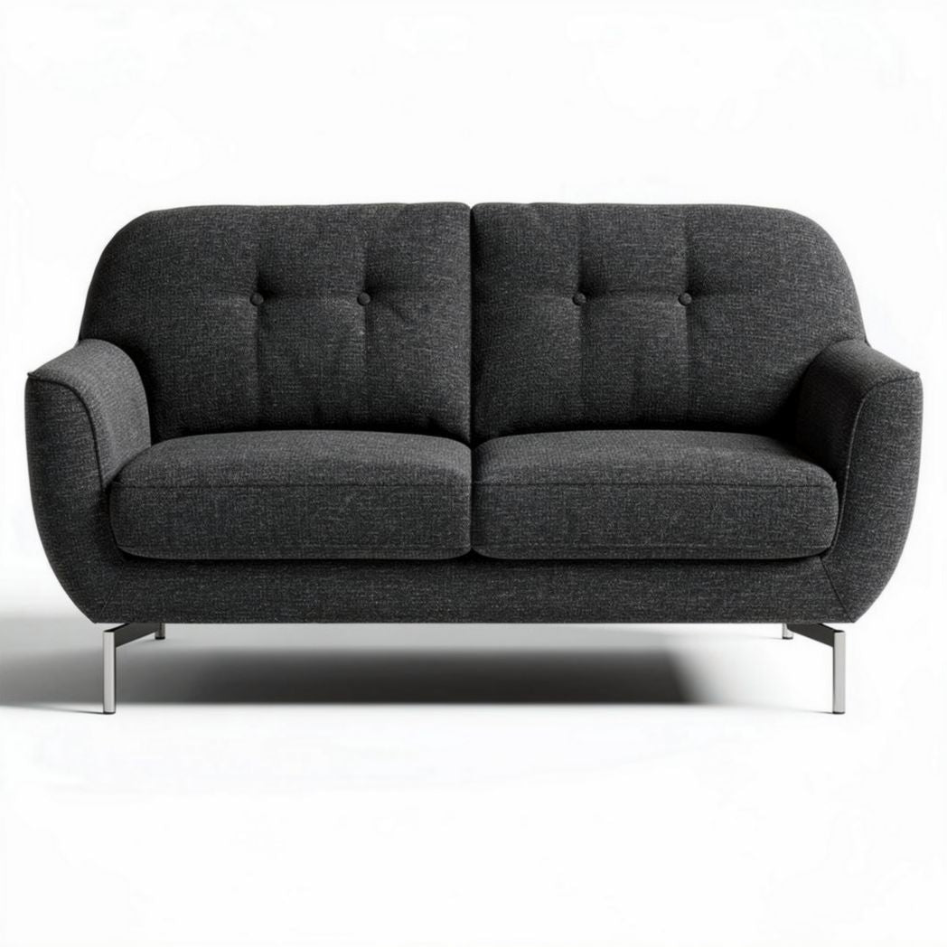 Modern two-seater sofa with gray fabric upholstery and stainless steel legs