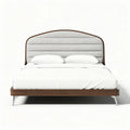 Upholstered king size bed with walnut finish and grey fabric headboard