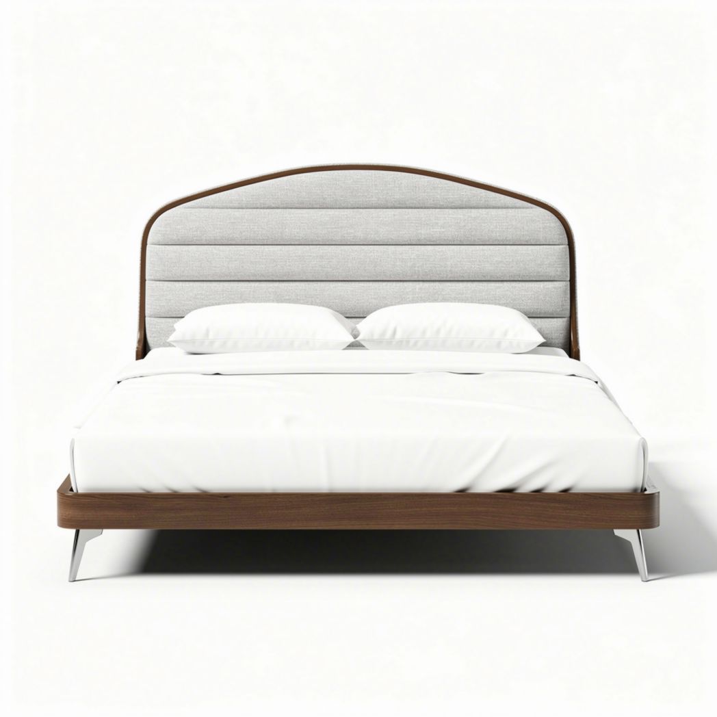 Upholstered king size bed with walnut finish and grey fabric headboard