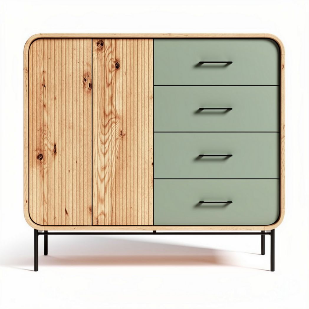 Wood and green storage cabinet with four drawers and two doors 80 x 40 x 75cm