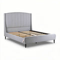 Queen size upholstered bed frame with wooden slats and gray fabric finish