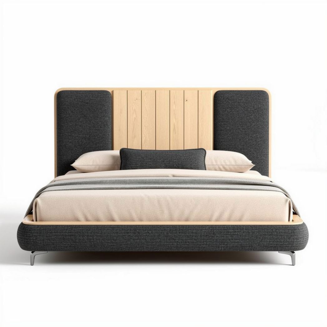 Wood and fabric upholstered bed frame with headboard in gray and beige 200 x 160 x 100cm