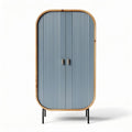 Ribbed blue storage cabinet with wooden trim and metal legs 80 x 40 x 150cm