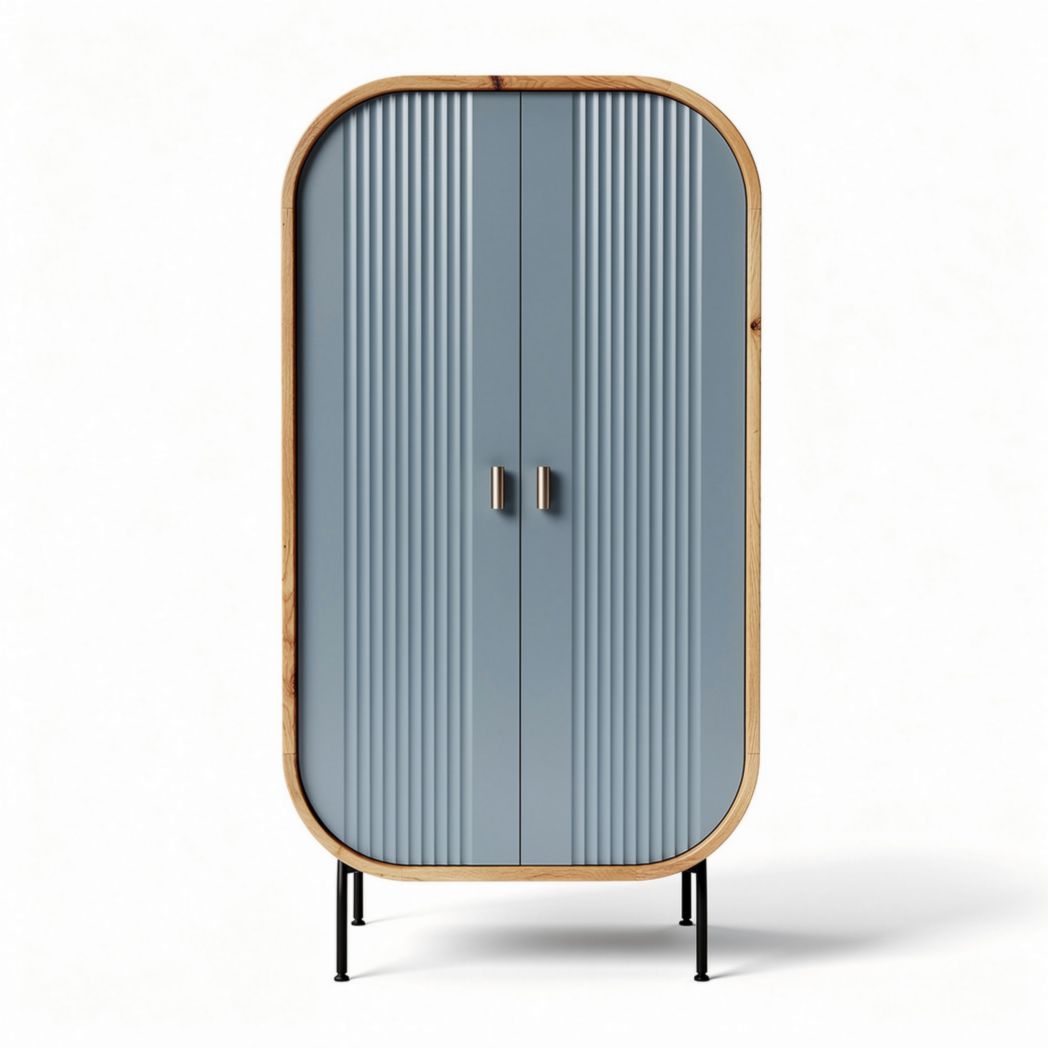 Ribbed blue storage cabinet with wooden trim and metal legs 80 x 40 x 150cm