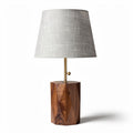 Wood table lamp with gray fabric shade and geometric base 20 x 20 x 40cm