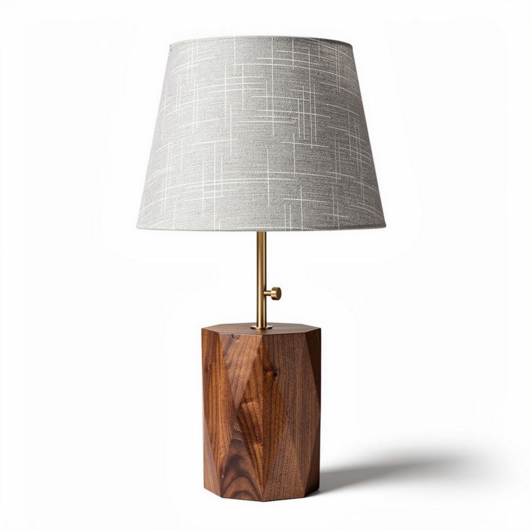 Wood table lamp with gray fabric shade and geometric base 20 x 20 x 40cm