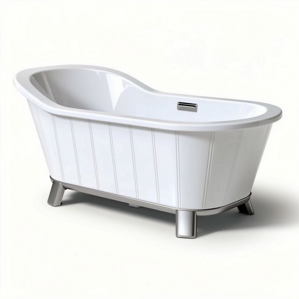 Freestanding white acrylic bathtub with brushed nickel legs 150 x 70 x 60cm