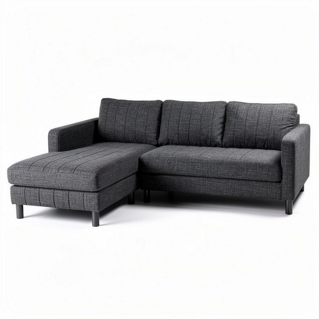 Sectional sofa in dark grey fabric with chaise lounge dimensions 200 x 150 x 85cm